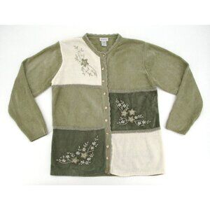 Vtg 90s Littleton Cardigan Sweater Womens Medium Green Button Floral Embroidered